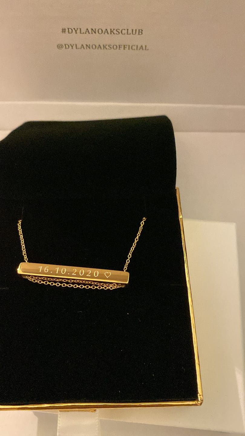 Customer photo review of 4cm Letter Bar Necklace in Gold Horizontal