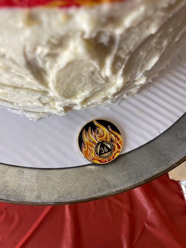 Customer photo review of 1 to 40 Year Sobriety Mint Twisted Flames Gold Plated AA Recovery Medallion/Chip/Coin - Black/Red/Orange/Yellow