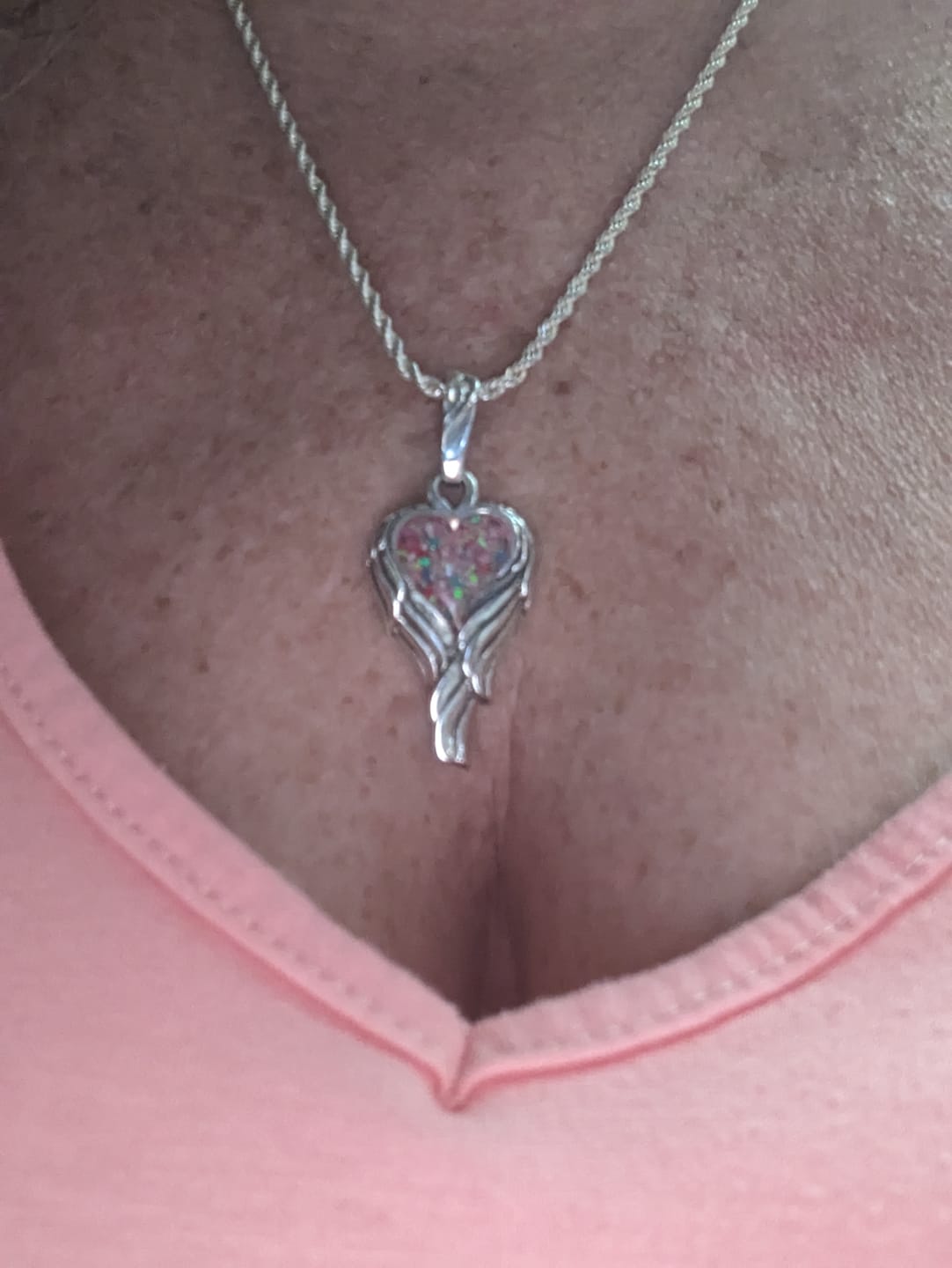 Customer photo review of Angel Wing Heart Pendant  - Engravable