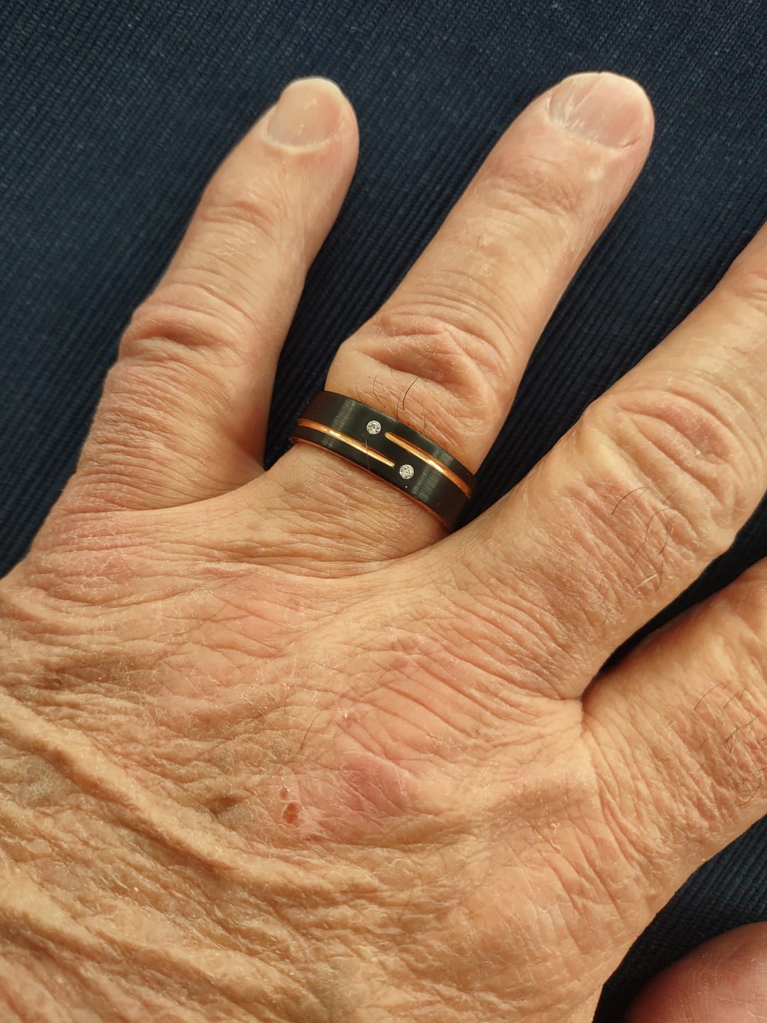 Customer photo review of Mens Black Tungsten Carbide Wedding Band with Gold Grooves 2 CZ Diamonds.