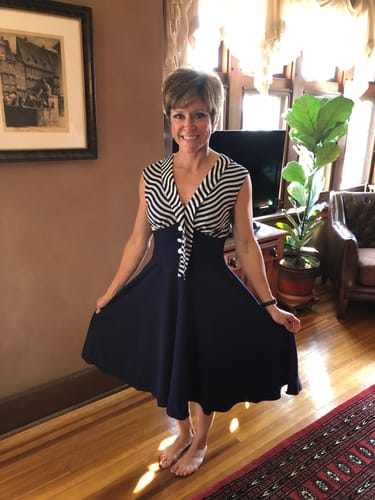 Customer photo review of Navy Blue 1950s Striped Patchwork Dress