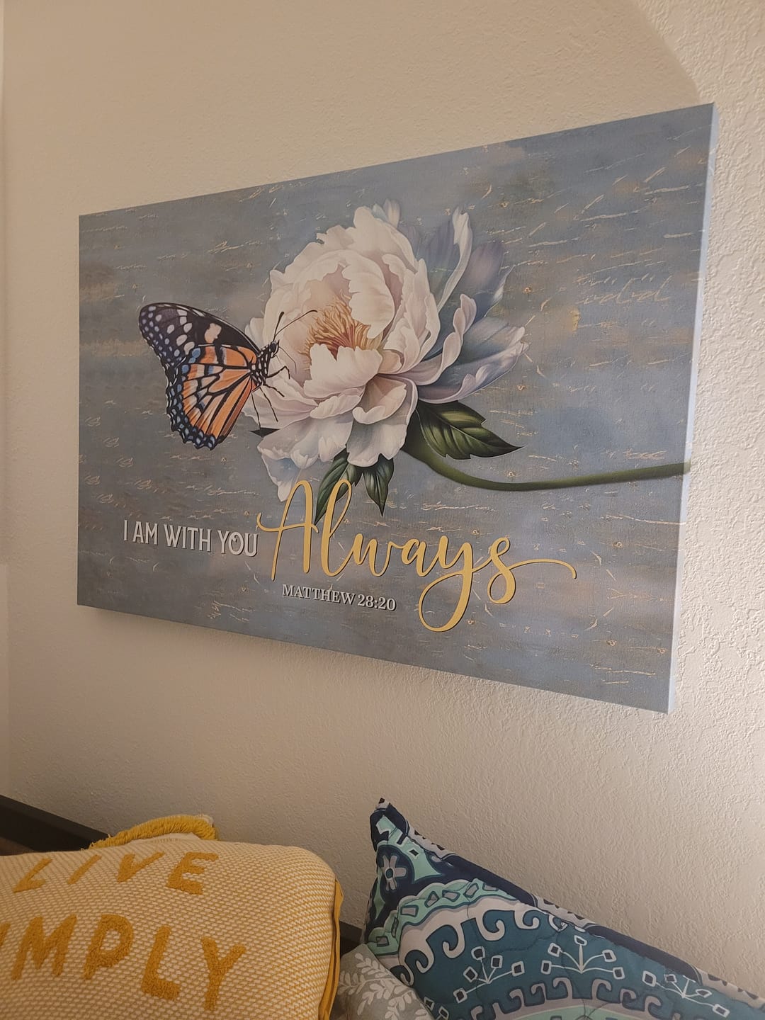Customer photo review of I Am With You Always Matthew 28:20, Butterfly White Peony, Wall Art Canvas Print