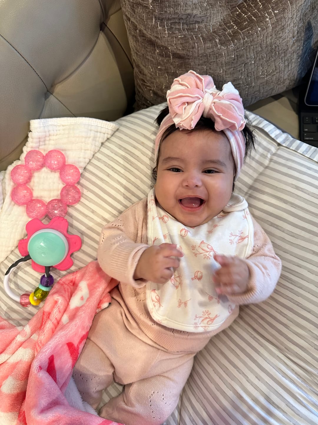 Customer photo review of Ruffled Headband- Tickled Pink Stripe