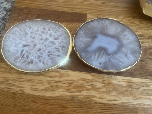 Customer photo review of Natural White Agate Crystal Coasters with Silver Plated Edge