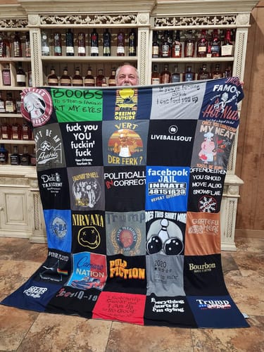 T-shirt quilt with humor, music themes by Tammy from AR