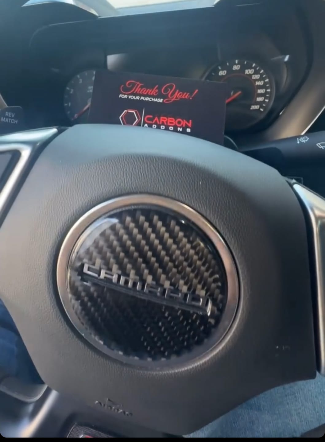Customer photo review of Camaro 2016-2024 Carbon Fiber Steering Wheel Airbag Center Overlay