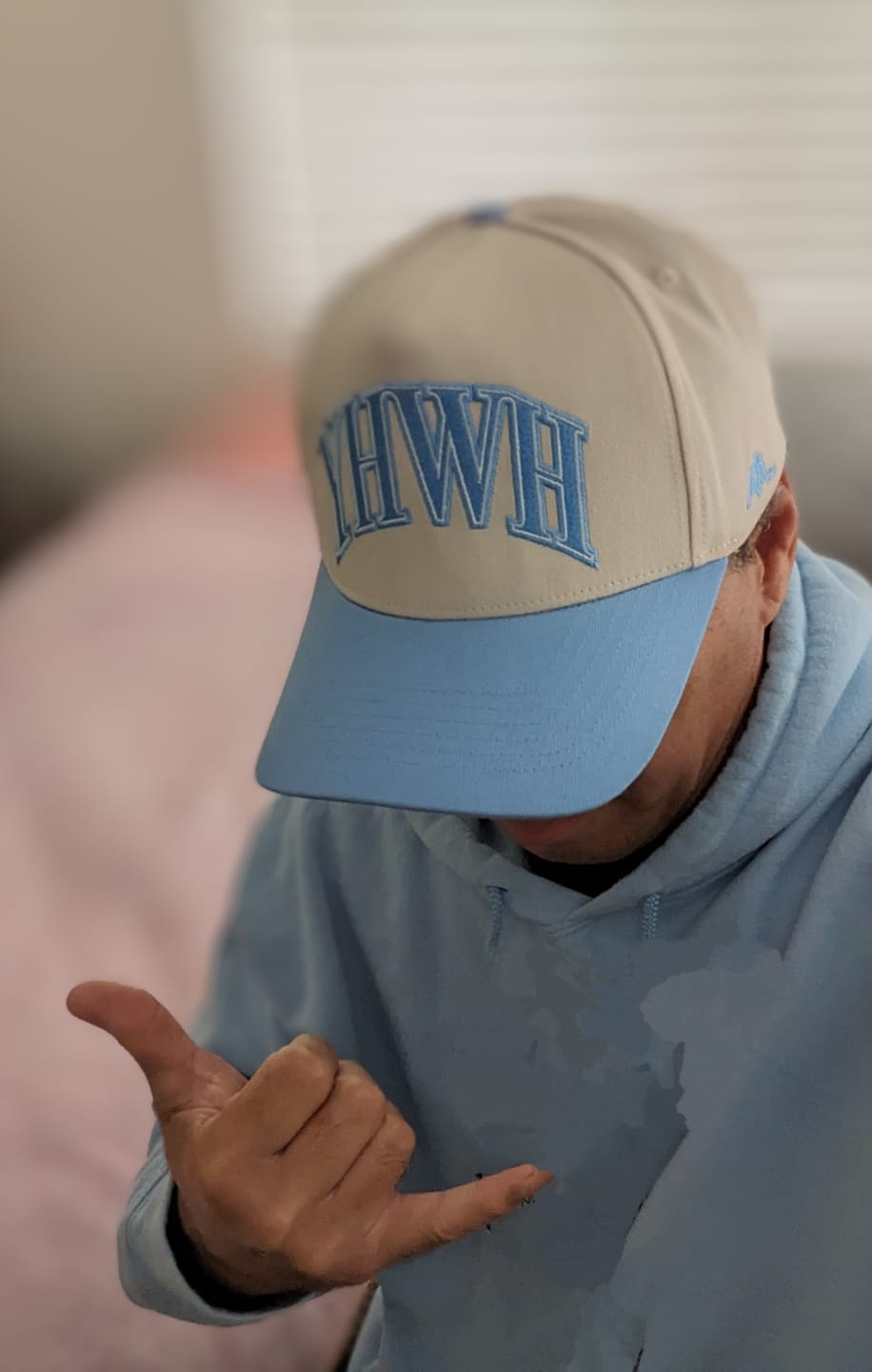 Customer photo review of ‘YHWH’ Structured SnapBack - Cream/Baby Blue