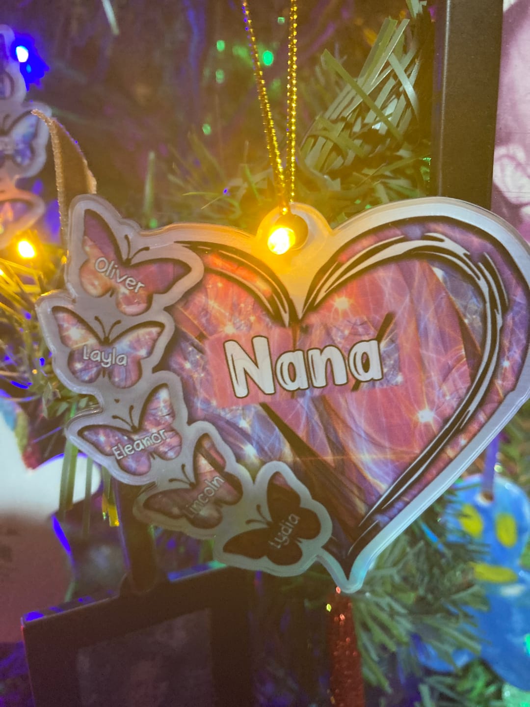 Customer photo review of Sparkling Grandma- Mom Heart Butterfly Kids, Multi Colors Personalized Ornament