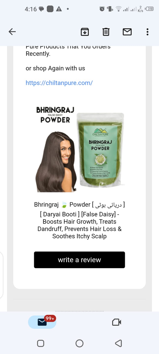 Customer photo review of Bhringraj 🍃 Powder [ دریائی بوٹی ] [ Daryai Booti ] [False Daisy] - Boosts Hair Growth, Treats Dandruff, Prevents Hair Loss & Soothes Itchy Scalp