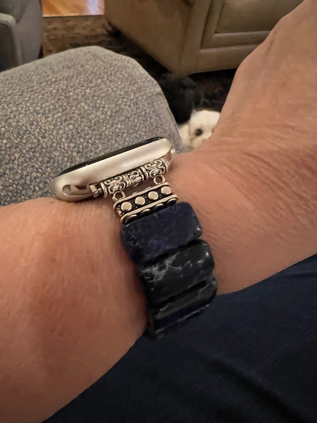 Customer photo review of Dark Navy Tibetan Jasper Stretch Apple Watch Strap