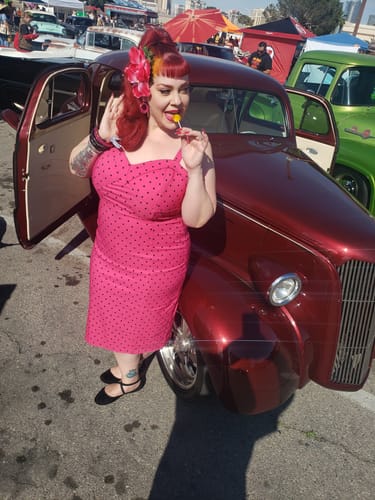 Customer photo review of Maneater Wiggle Dress in Hot Pink Polka Dot - Vixen by Micheline Pitt