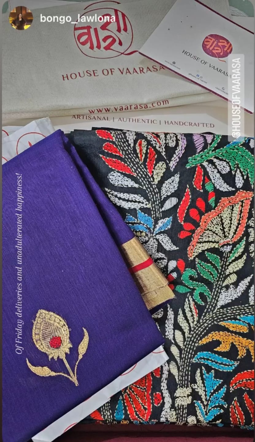 Customer photo review of Handembroidered  Kantha Silk Saree  -Black Multicolour Floral Motif