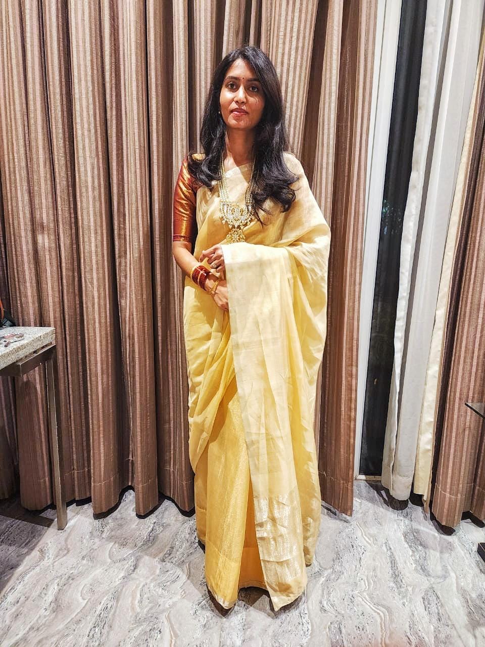 Customer photo review of Handloom Cotton Silk Chanderi Saree Antique Gold Plain Small Border