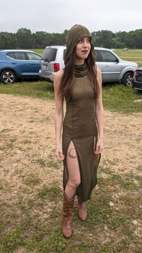Customer photo review of Hoodie sleeveless slit hollow out self tie cowl neck maxi dress cyberpunk Sci-Fi punk Fashion cyberpunk Sci-Fi Fashion