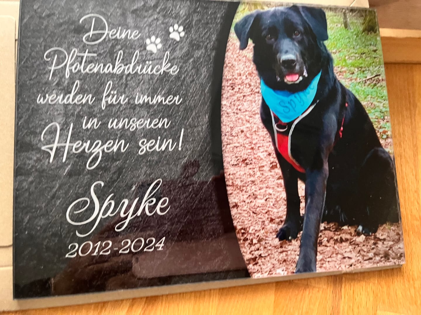 Customer photo review of Hunde Gedenktafel mit Foto & Spruch (UV- & Wetterfest)