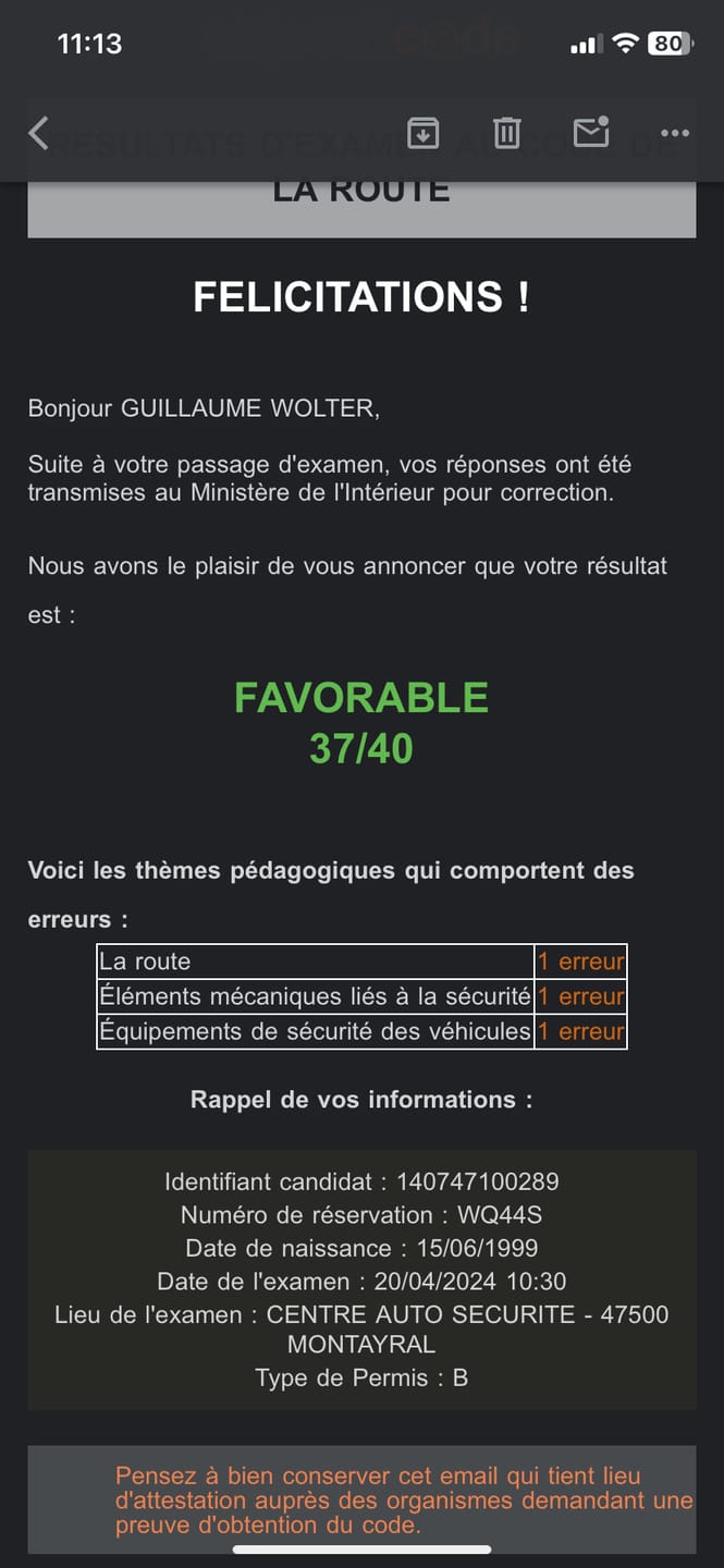 Customer photo review of ENTRAÎNEMENT AU CODE DE LA ROUTE POUR 20€