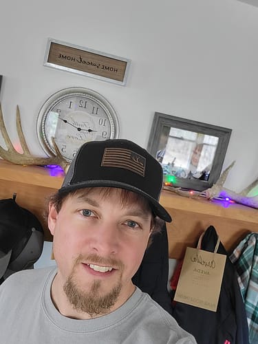 Customer photo review of Deer & Shed Hunting, Antlers (left), Leather Patch Trucker Hat
