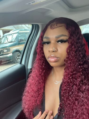 Customer photo review of 99J Burgundy Curly Hair Undetectable Glueless HD Lace Frontal Wig