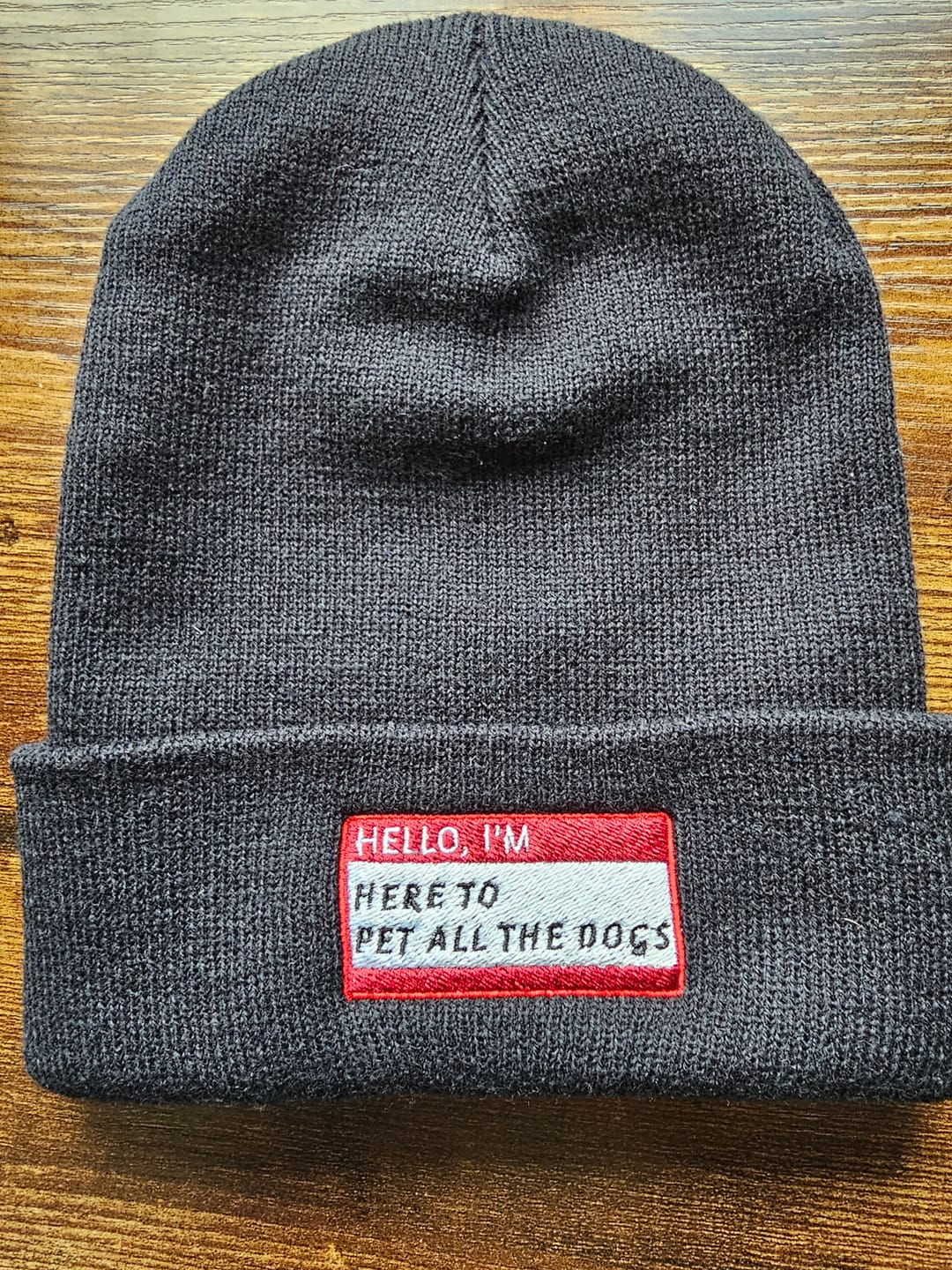 Customer photo review of HELLO I'M HERE TO PET ALL THE DOGS Beanie