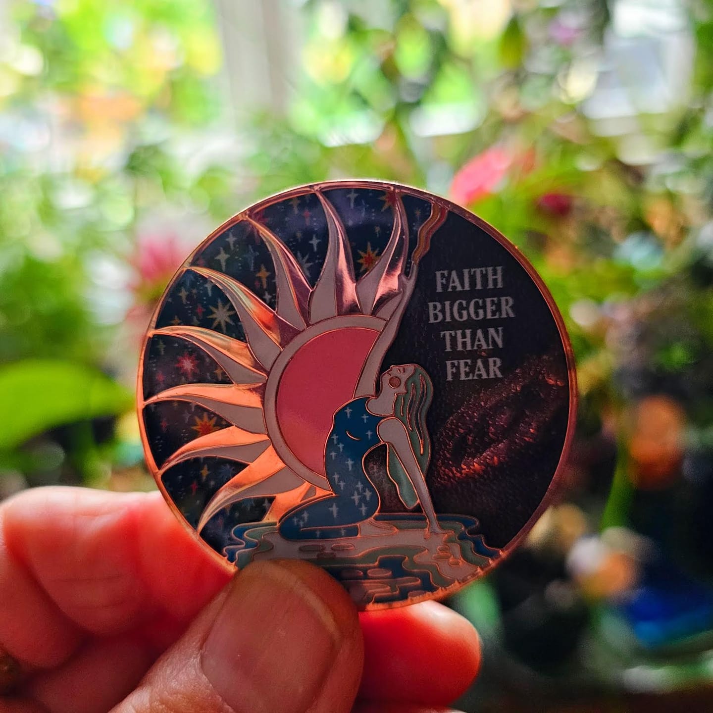 Customer photo review of Faith Bigger Than Fear XL 50mm Tri-Plated Specialty AA Affirmation Recovery Medallion - Rose Gold