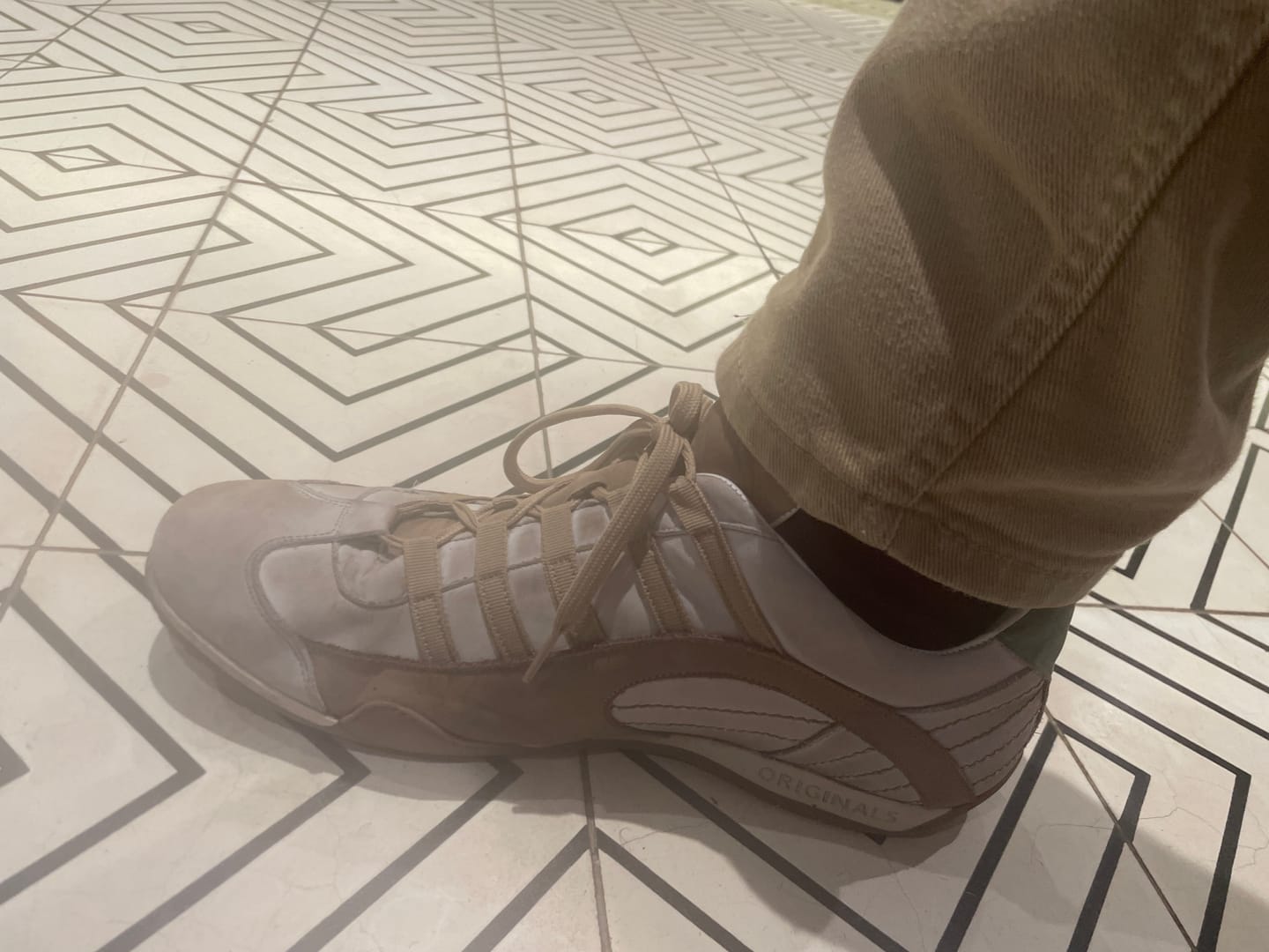 Customer photo review of Men's GrandPrix Sneaker in Torino (Soft White, Taupe, and Green)