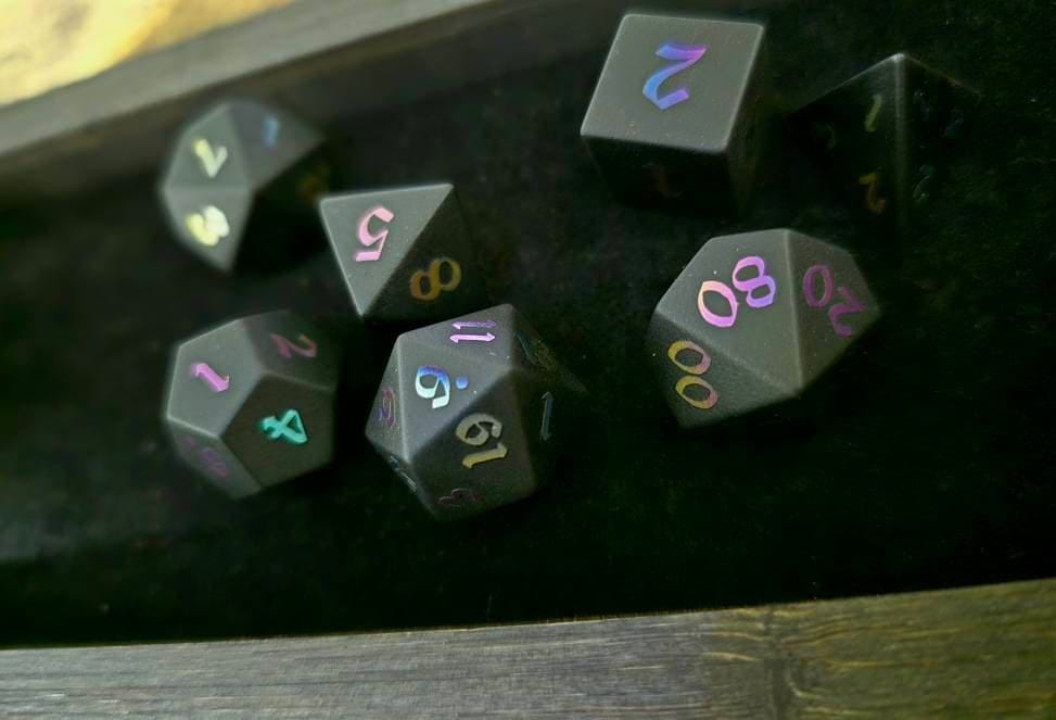 Customer photo review of Inked Black Night Raised Obsidian Hand Carved Dice (And Box) DND Set