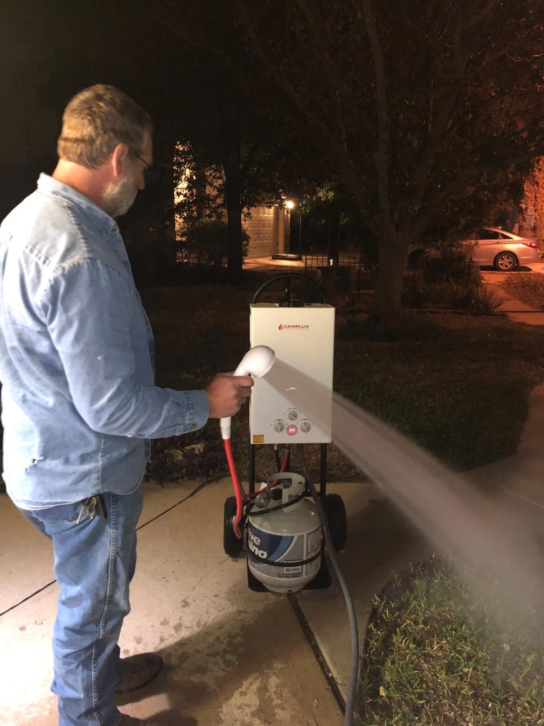 Customer photo review of Propane Portable Tankless Water Heater Outdoor, Camplux 2.64 GPM Instant Hot Camping Showers with 3.3 GPM Water Pump & Pipe Strainer