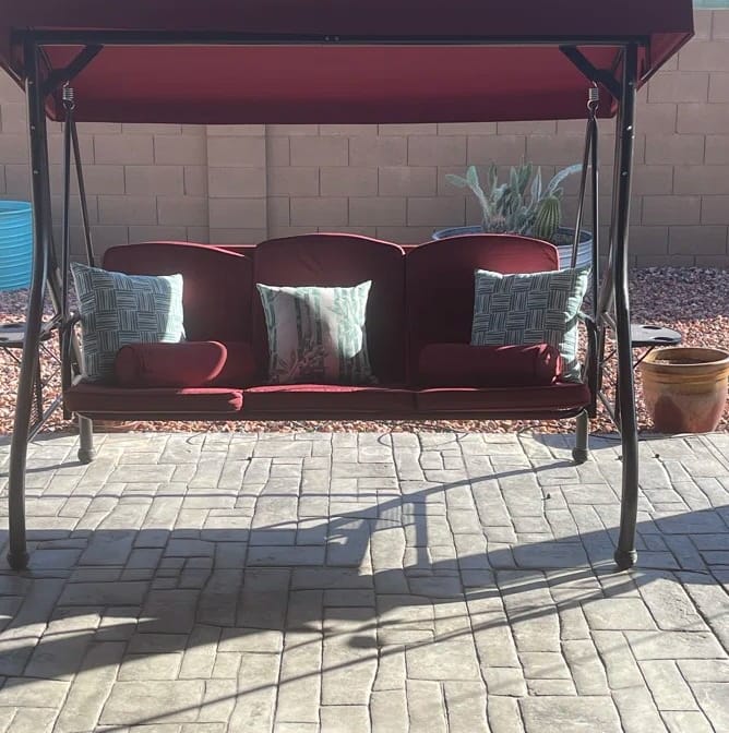 Customer photo review of 3-Seat Outdoor Porch Swing with Adjustable Canopy and Backrest, Wine Red