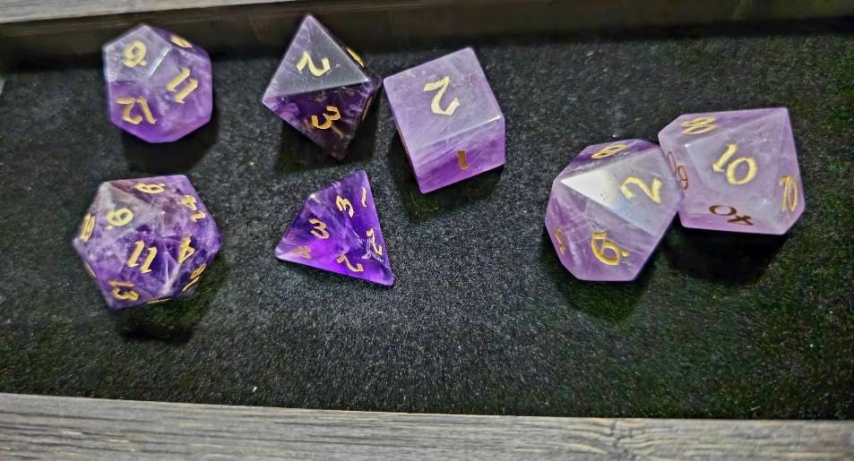 Customer photo review of Purple Gemstone Amethyst Dice (With Box) Hand Carved Polyhedral Dice DND Set - Gift For Dnd, RPG Game