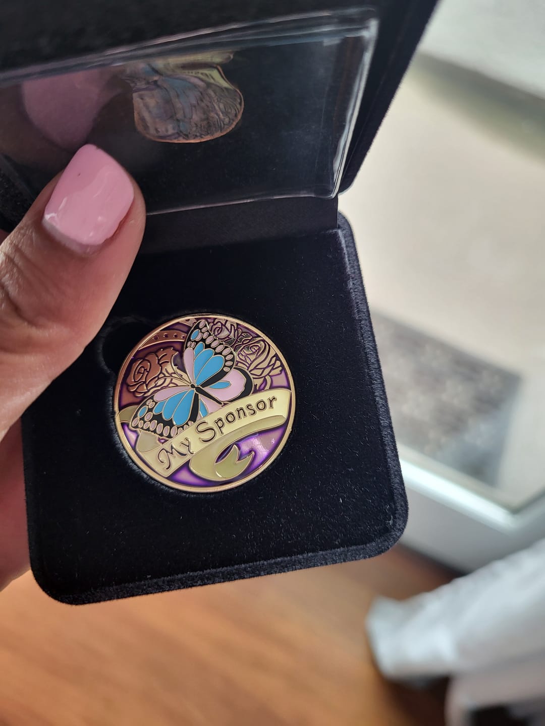 Customer photo review of My Sponsor Specialty Women's AA/NA Butterfly Medallion - Purple/Gold