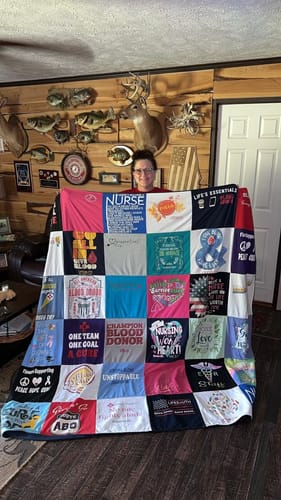T-shirt quilt with nursing, volunteering themes by Linda from AL