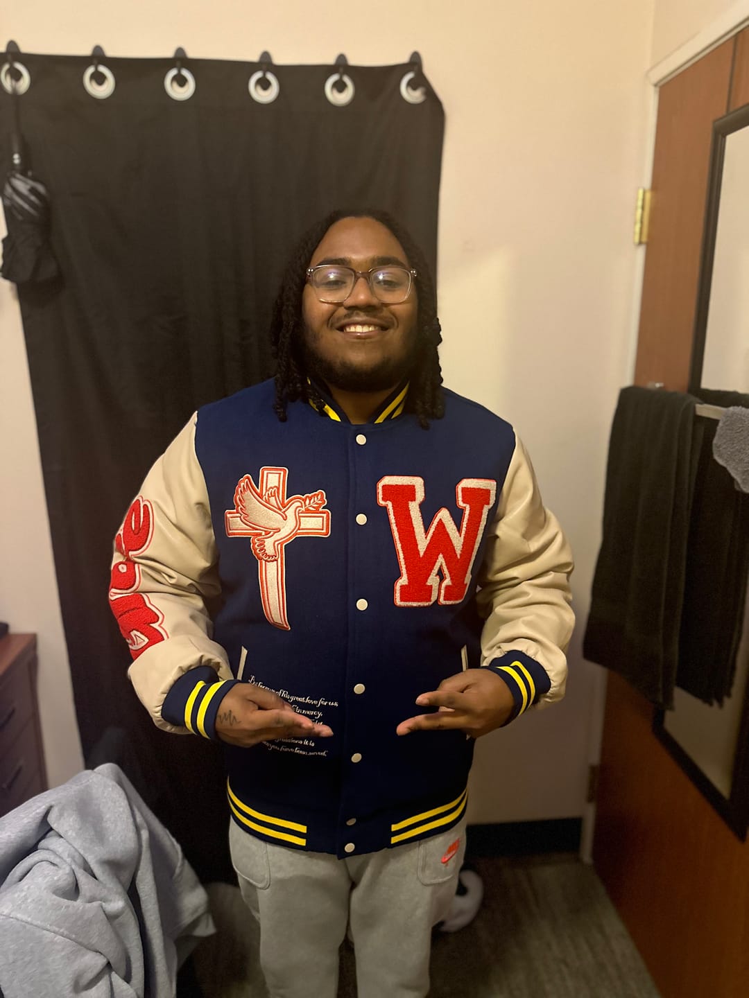 Customer photo review of Navy Grace Varsity Unisex Jacket