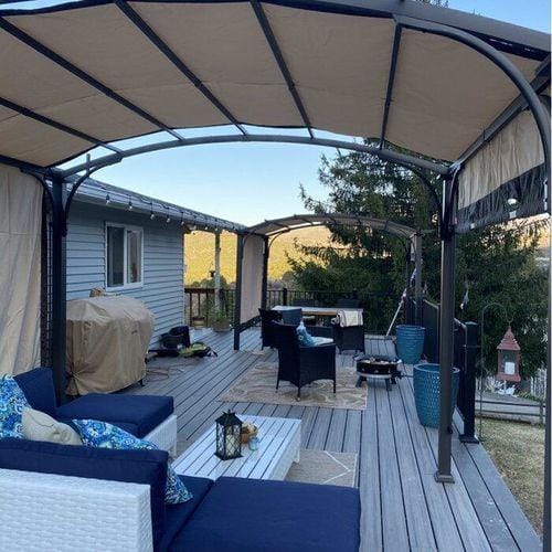 Customer photo review of SUNJOY Outdoor Patio 9.5x11 Modern Tan Metal Arched Pergola Kit with Adjustable Canopy