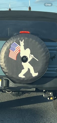 Customer photo review of Rock On Bigfoot Sasquatch American Flag Spare Tire Cover for Bronco, Jeep, RV Camper, & More