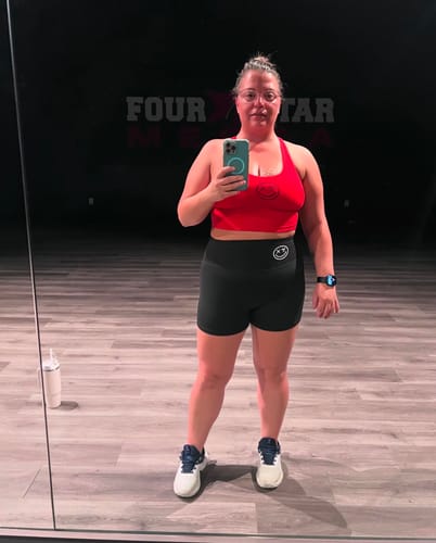 Customer photo review of Salty Savage Ladies “Spliced Smile” High Rise with Pocket Training Shorts | Wet Suit Performance | Black/White