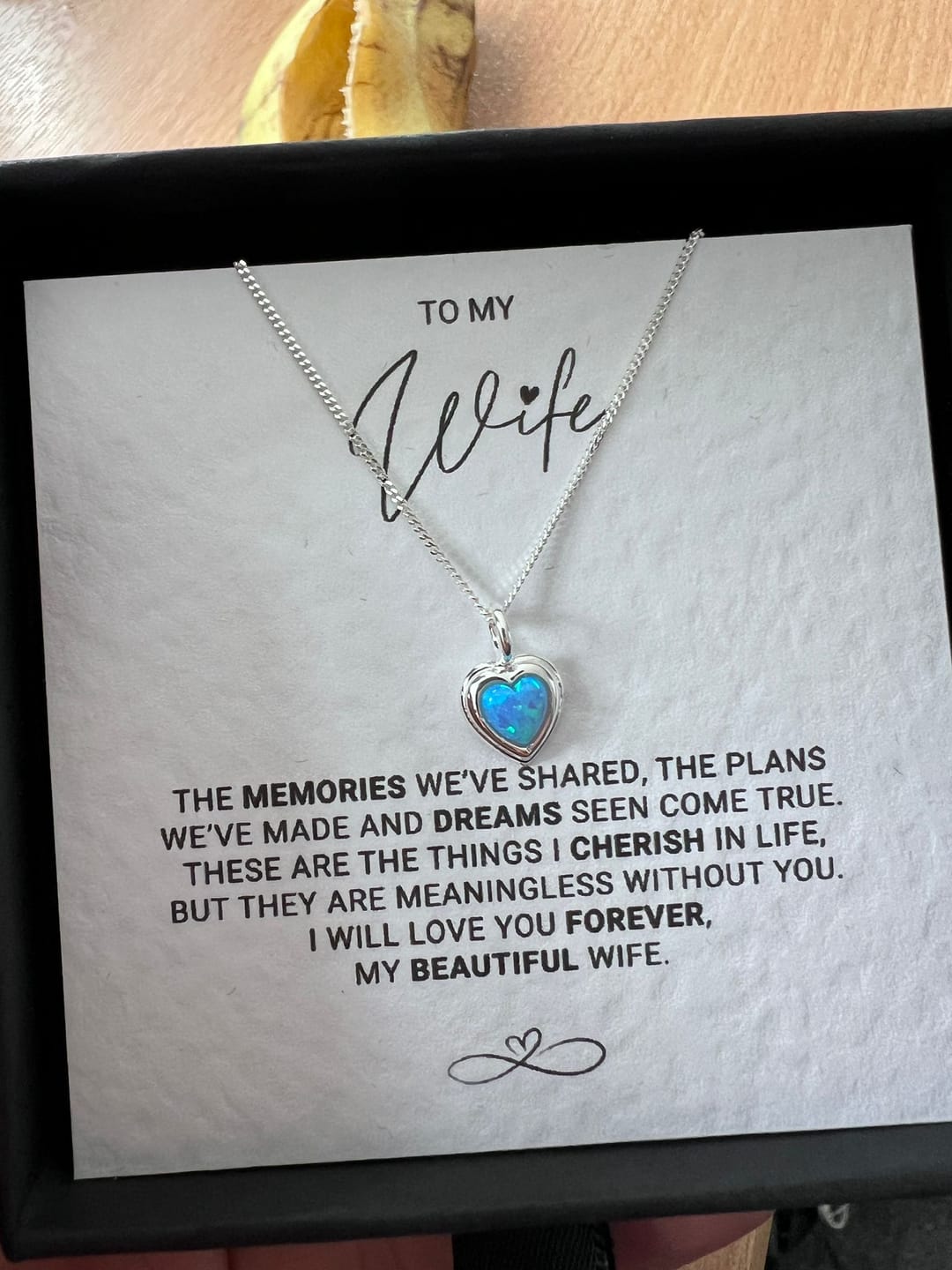 Customer photo review of Wife Dreams Come True - Blue Opal Heart Necklace