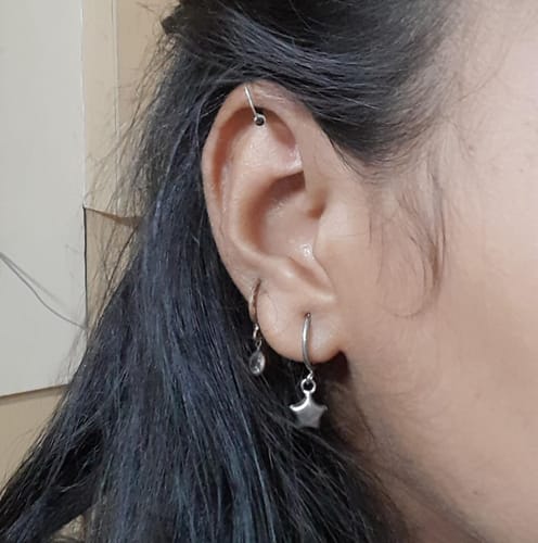 Customer photo review of Silver Mini Star Hoop Earrings