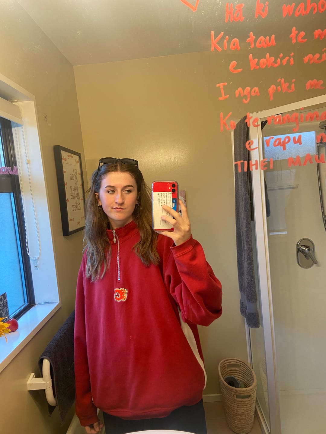 Customer photo review of 90's Calgary Flames Canada Made Embroidered Vintage Quarterzip Sweatshirt Size M-L