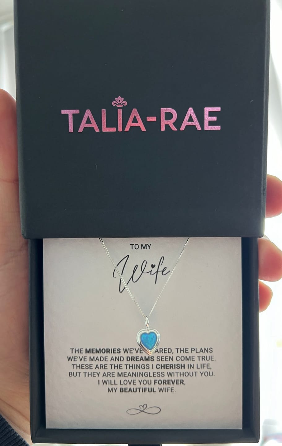 Customer photo review of Wife Dreams Come True - Blue Opal Heart Necklace