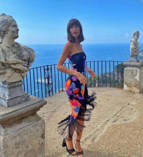 Customer photo review of Island Girl Era Floral Print Tassel Trim Bandeau Stretch Midi Dress