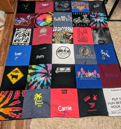 T-shirt quilt with music, travel themes by Pam from ID