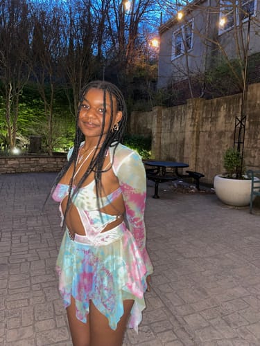 Customer photo review of Flared sleeve tie dye o ring self tie halter low cut mini skirt set