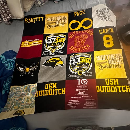 T-shirt quilt featuring southern mississippi university quidditch by Rebekah from MS