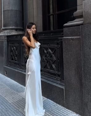 Customer photo review of Gala Night Satin Hand-stitched Floral Detail Cowl Neck Backless Maxi Dress