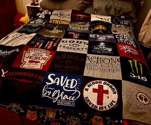 T-shirt quilt with religion, faith themes by Amanda from IL