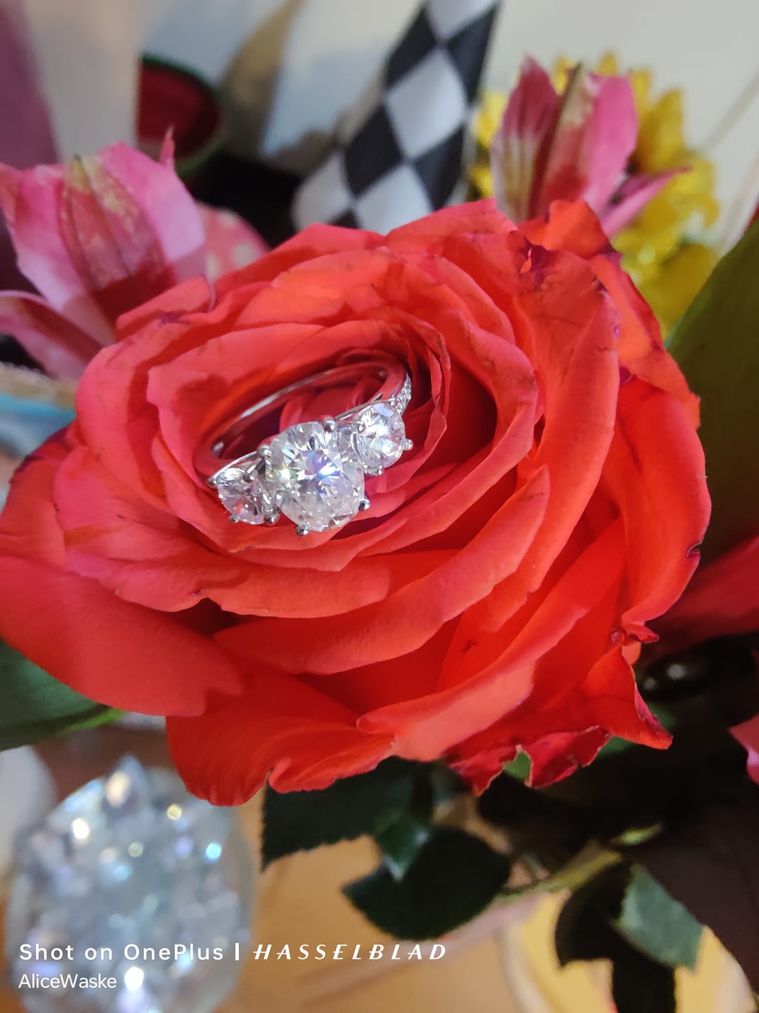 Customer photo review of Three Stone Oval Moissanite Channel-Set Engagement Ring