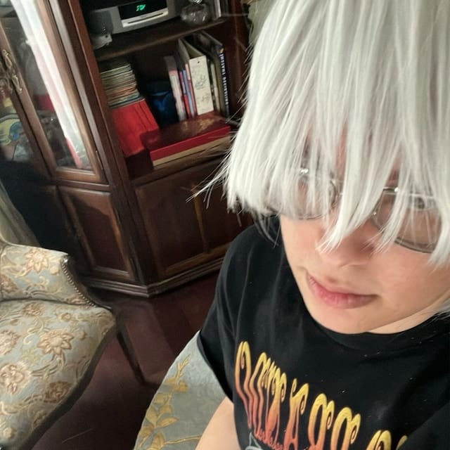 Customer photo review of Men Silver Gray Short Straight Fringe Bangs Cosplay Wig