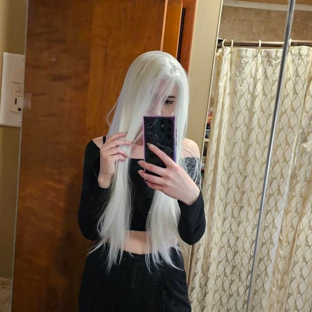 Customer photo review of Women White Lace Front Long Straight Widow's Peak Hairline Slicked Back Hair Wig