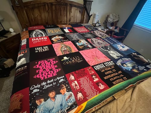 T-shirt quilt with country music, texas culture themes by  Mary from TX