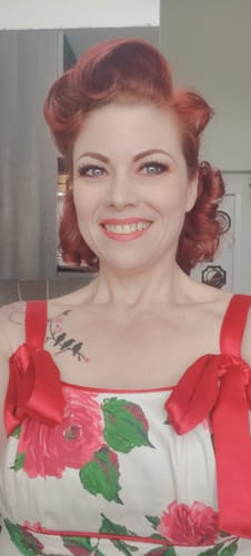 Customer photo review of PRE-ORDER - 1950s Wiggle Sundress and Scarf in Red Vintage Roses - Vixen by Micheline Pitt